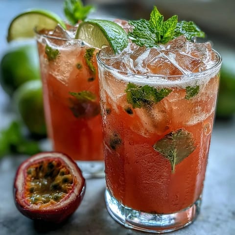 Tall glass filled with DIY Iced Guava Passionfruit Drink, layered with creamy coconut milk and fresh mint garnish.