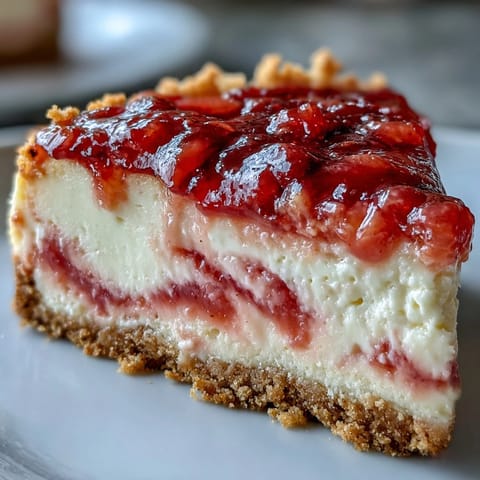 This image shows a creamy slice of Easy Guava Swirl Cheesecake with vibrant pink ribbons on a dessert plate.