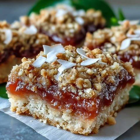 Stacked Guava Jam Bars reveal layers of jam and crumble beside sliced macadamias and shredded coconut.
