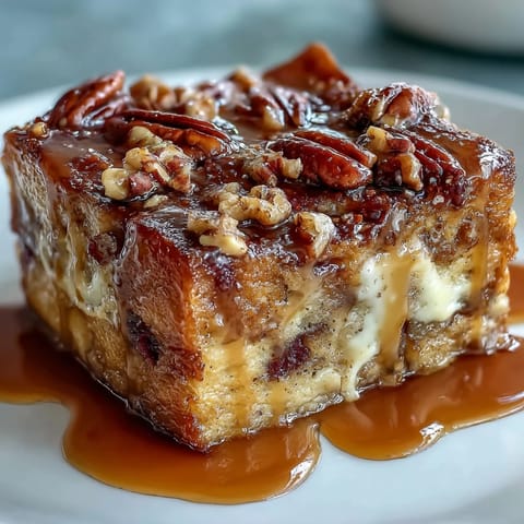 Freshly baked Guava Caramel Bread Pudding with pecans featuring golden custard bread, vibrant guava swirls, and a rich caramel drizzle.