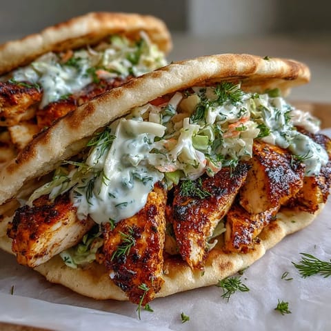 Golden, juicy spice-rubbed chicken slices stuffed into a warm pita pocket alongside creamy herby ranch slaw.