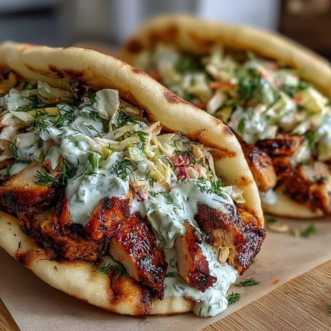 Warm pita bread overflowing with tender grilled chicken, crisp shredded cabbage, and vibrant green herbs for a fresh bite.