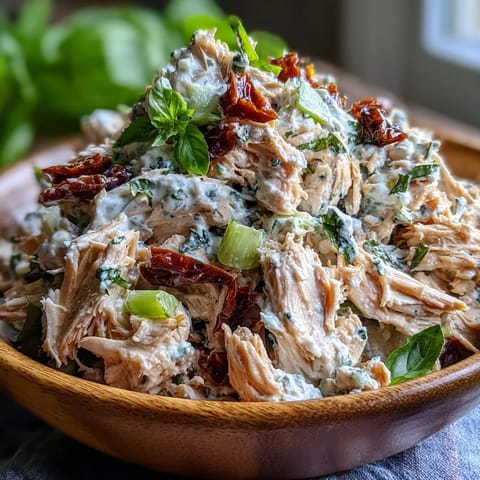 Tender shredded chicken, chopped sun-dried tomatoes, celery, and red onion tossed in a creamy basil-garlic dressing. Perfect for sandwiches or pita.