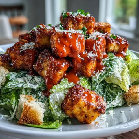 Freshly made crispy Buffalo Tofu served over crisp romaine lettuce, ready for an easy weeknight vegetarian dinner.