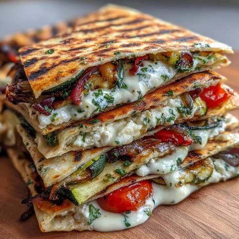 Grilled Mediterranean Veggie Quesadillas topped with fresh herbs and feta on a rustic board