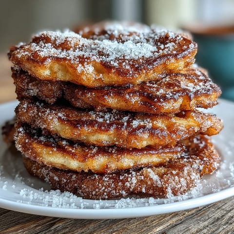 Warm Spanish Churro-Inspired Pancakes ready to serve with rich chocolate sauce.