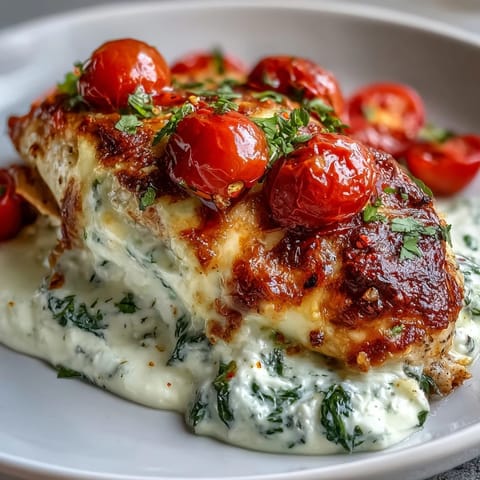 Golden-brown High Protein Chicken Bake topped with creamy Greek yogurt, wilted spinach, and blistered cherry tomatoes, fresh from the oven.