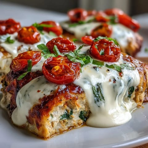 Sliced High Protein Chicken Bake revealing juicy interior, spinach, and creamy cheese, served on a plate with roasted vegetables.