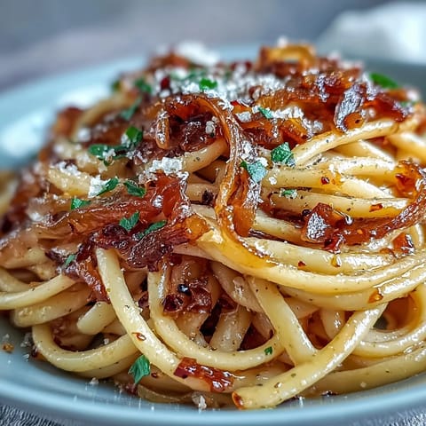 Golden caramelized onions and al dente spaghetti tossed in a homemade chili oil with fresh herbs.