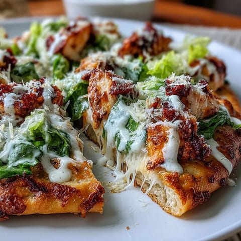 Golden-brown garlic naan pizzas topped with Caesar-dressed chicken, bubbly mozzarella, and shaved parmesan on a rustic wooden table.