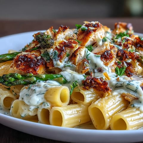 Garnished with fresh parsley, this Crispy Parmesan Asparagus Chicken Pasta glows with vibrant green spears on a rustic table.