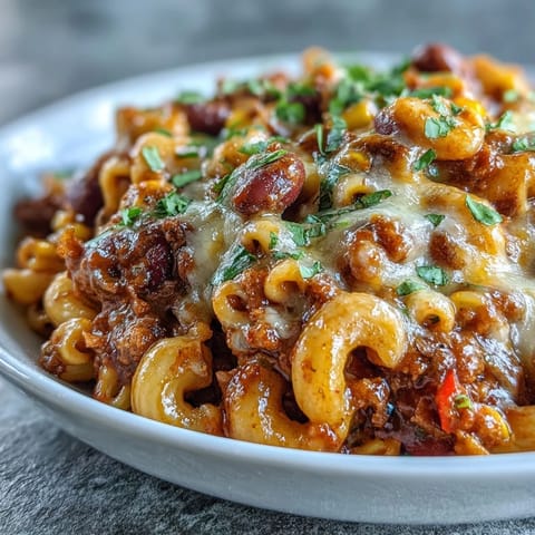 One-Pot Tex-Mex Chili Mac with Corn steams in a pot, finished with melted cheese and fresh cilantro garnish.