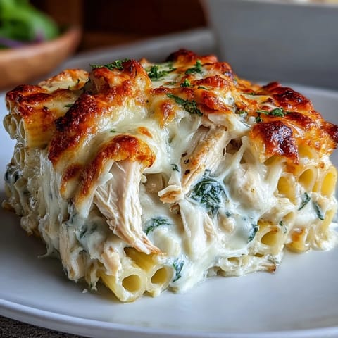 Fresh parsley garnish and a serving spoon in a creamy Greek Yogurt Chicken Alfredo Bake.