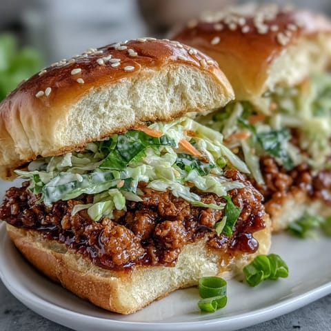 Golden Korean Turkey Sloppy Joe Sliders sit on a plate, filled with juicy turkey and topped with colorful cabbage and carrot slaw.