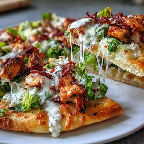 Golden Garlic Naan Chicken Caesar Pizzas topped with crisp romaine and creamy Caesar dressing.