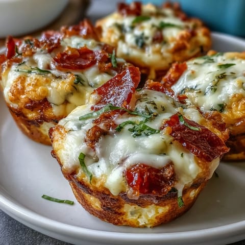 Golden-brown High-Protein Pepperoni Breakfast Cups are lifted from a muffin tin, showing melted mozzarella and pepperoni pieces.