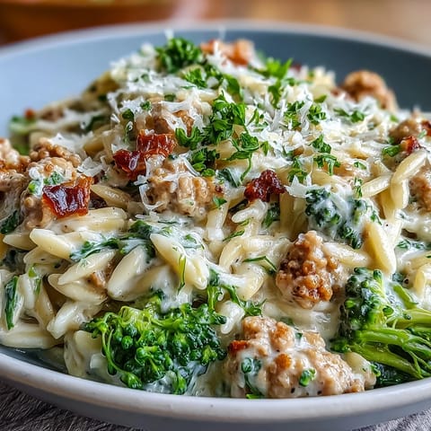 Creamy Garlic Turkey & Broccoli Orzo in a skillet with tender turkey, bright green broccoli, and silky Parmesan sauce.