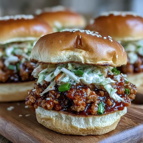 Warm Korean Turkey Sloppy Joe Sliders served with sesame seeds and fresh slaw.