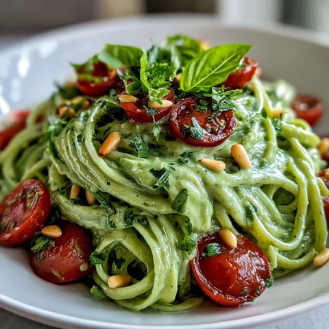 A close-up of Vegan Creamy Avocado Lime Pasta with Cherry Tomatoes showing silky green sauce and juicy halved tomatoes.