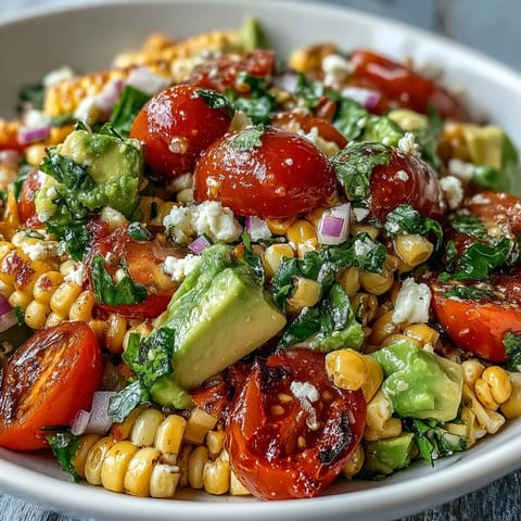 Serving of Fresh Corn and Tomato Salad with Avocado and Lime on a plate beside grilled chicken for a summer meal.