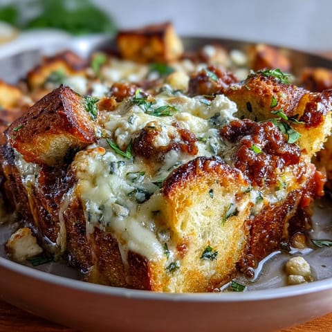 Cheesy Garlic Bread Lasagna Skillet is bubbling hot from the oven, ready to slice and serve.