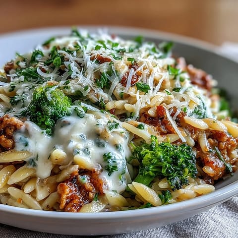 Creamy Garlic Turkey & Broccoli Orzo is served warm, garnished with fresh parsley and extra parmesan for a comforting weeknight dinner.