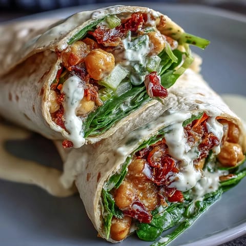Four wraps display vibrant red pepper and herbs in creamy curry chickpea salad inside a soft flour tortilla. 