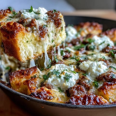 Warm and comforting skillet lasagna topped with buttery garlic bread and bubbling ricotta and mozzarella cheeses.  