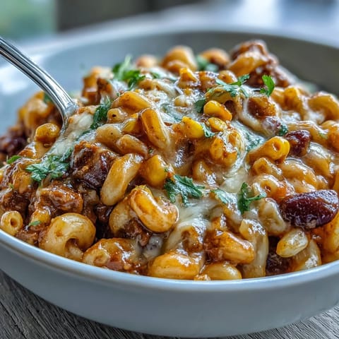 A steaming bowl of One-Pot Tex-Mex Chili Mac with Corn, topped with melted cheddar and fresh cilantro.  