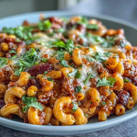 Vibrant One-Pot Tex-Mex Chili Mac with Corn, featuring tender pasta, black beans, and sweet corn in a smoky tomato broth.  