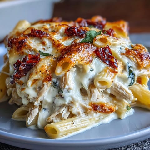 Creamy Greek yogurt chicken Alfredo bake with tender pasta, shredded rotisserie chicken, and spinach in a lightened Alfredo sauce.