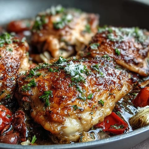 One-pan Mediterranean chicken with olives and artichokes in a vibrant skillet with golden seared thighs and colorful vegetables.  