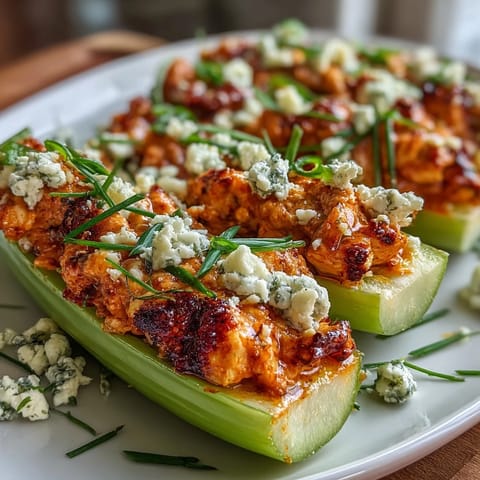 Keto buffalo chicken stuffed celery boats topped with tangy blue cheese crumble and fresh chives.