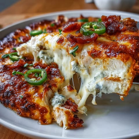 Low-carb, cheesy casserole featuring shredded chicken, spicy jalapeños, and smoky bacon in a rich, keto-friendly bake.  