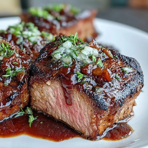 Juicy lamb chops seared to perfection and coated in rich, sweet onion jam glaze, garnished with fresh thyme.  