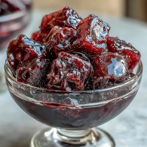 Vibrant black currant sorbet in a glass, showcasing deep purple color and refreshing summer appeal.  