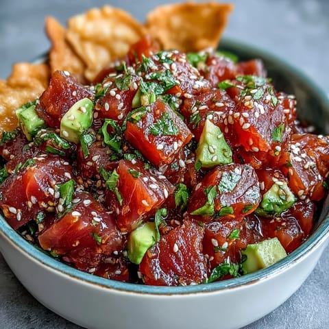 Fresh sushi-grade tuna tossed in zesty sriracha-soy-lime dressing, garnished with scallions and cilantro for a bold Japanese fusion appetizer.
