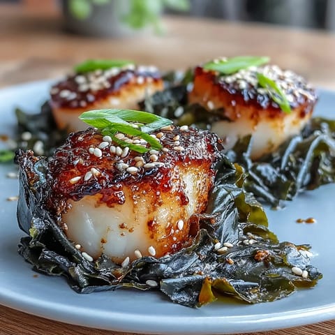 Pan-seared scallops enveloped in nori seaweed, served with zesty homemade ponzu dipping sauce for a Japanese fusion appetizer.