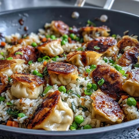 A colorful plate of Trader Joe's Dumpling Fried Rice with tender dumplings, fluffy rice, and vibrant vegetables, garnished with green onions and sesame seeds.  