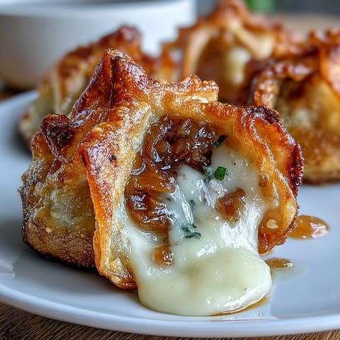 Crispy pan-fried dumplings filled with rich caramelized onions and melted Gruyère cheese, perfect for appetizers.  