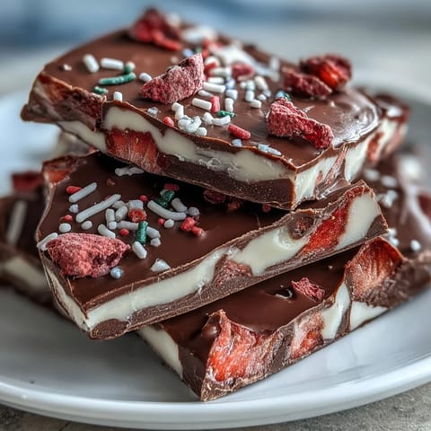 Valentine Chocolate Strawberry Bark with freeze-dried berries and festive sprinkles, ready to share for Valentine's Day.