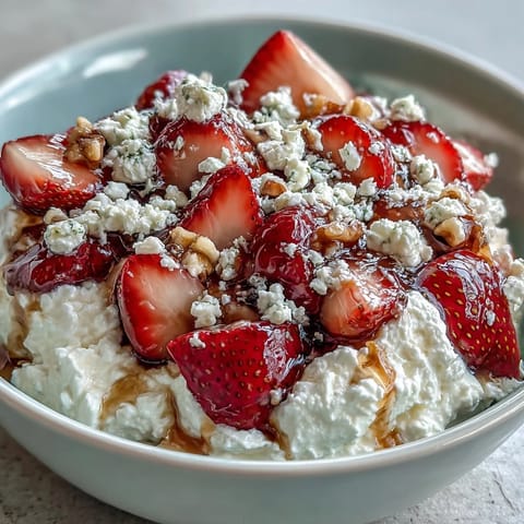 Creamy cottage cheese topped with fresh strawberries, banana slices, and a drizzle of golden honey in a vibrant fruit bowl.