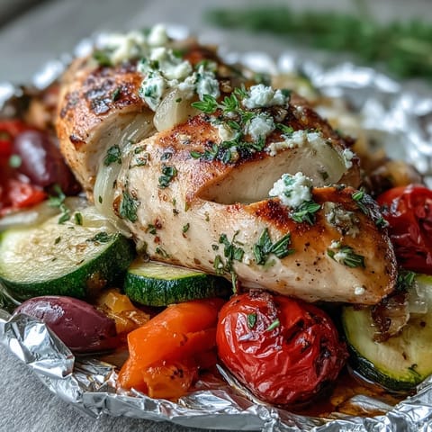 Greek chicken and veggie foil packets bursting with lemon, oregano, and colorful vegetables, ready for the oven.  