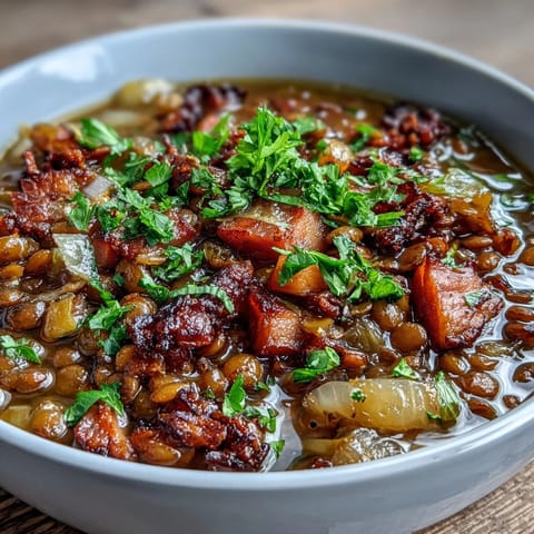 Hearty and comforting, this ham, onion, and lentil stew simmers to perfection with aromatic vegetables and savory spices.