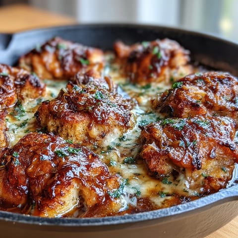 French Onion Chicken Thigh Bake with Sourdough Topping: tender bone-in chicken thighs baked in savory onion broth, finished with golden sourdough croutons and bubbling Parmesan cheese.