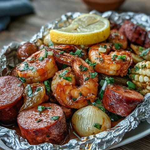 Easy grilled seafood recipe featuring tender shrimp, smoky sausage, and sweet corn seasoned with Old Bay and served in foil.  