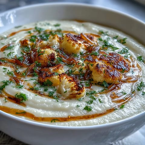 Creamy Onion and Cauliflower Soup in a white bowl, garnished with fresh chives and a drizzle of olive oil.