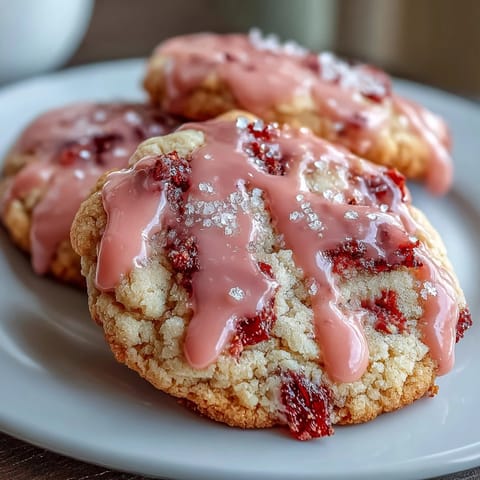Delicate sugar cookies bursting with strawberry flavor, topped with a glossy pink glaze.  