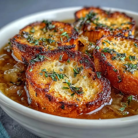 Richly caramelized onions and tender roasted garlic create a savory vegetarian soup with golden herb croutons.  