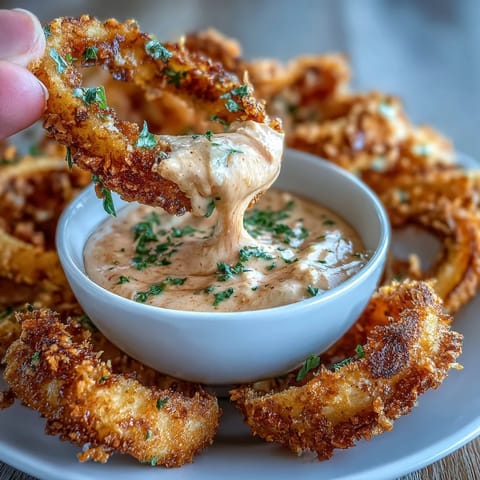 Oven-baked onion rings with crunchy panko coating paired with a zesty, smoky paprika dip—perfect for guilt-free snacking or party platters.  